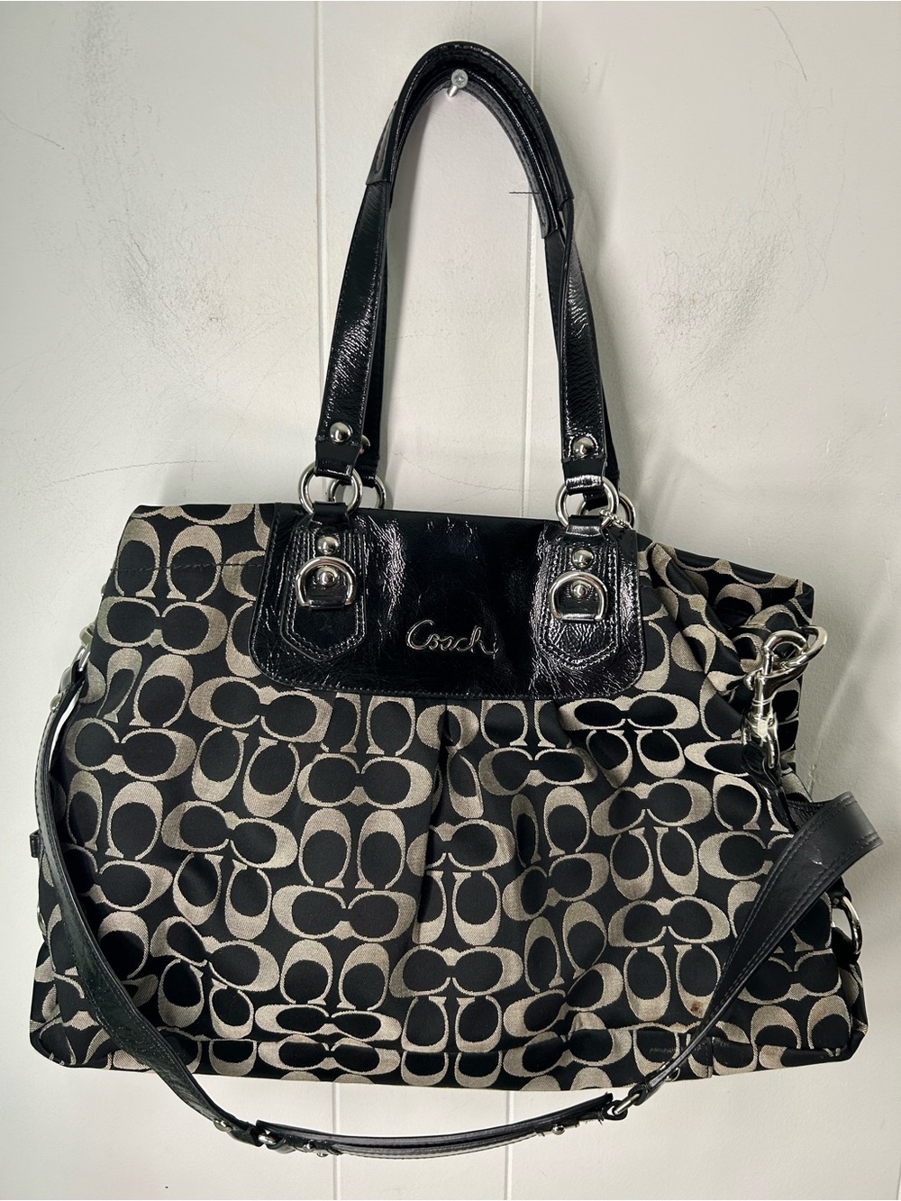 Coach Ashley Signature Canvas Handbag in Black and Gray.